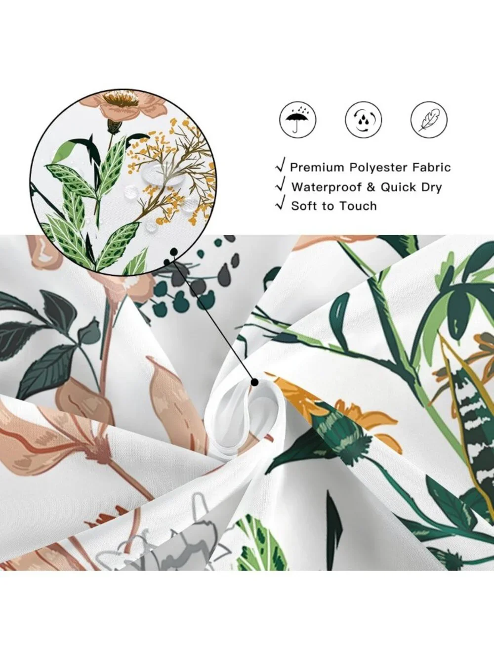 Boho Floral Vintage Shower Curtain - Tropical Leaves & Flowers, 72x72, Cute Bath